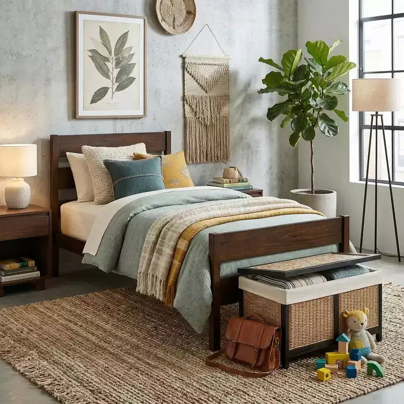 Lit plate-forme double avec tête de lit à lattes horizontales, lit en bois sans sommier pour chambre d'enfant