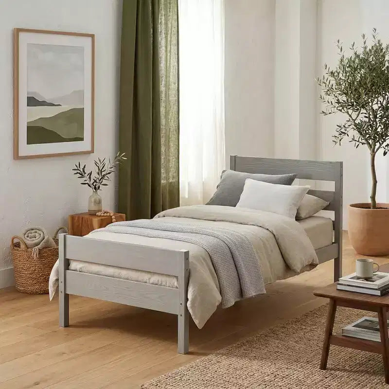 Lit plate-forme double avec tête de lit à lattes horizontales, lit en bois sans sommier pour chambre d'enfant
