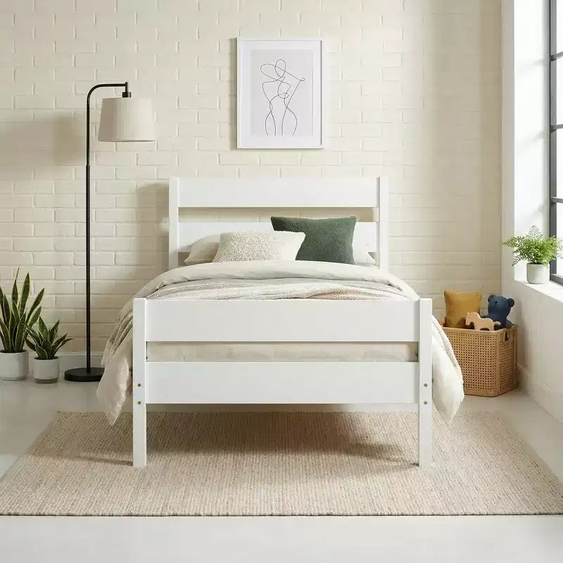 Lit plate-forme double avec tête de lit à lattes horizontales, lit en bois sans sommier pour chambre d'enfant
