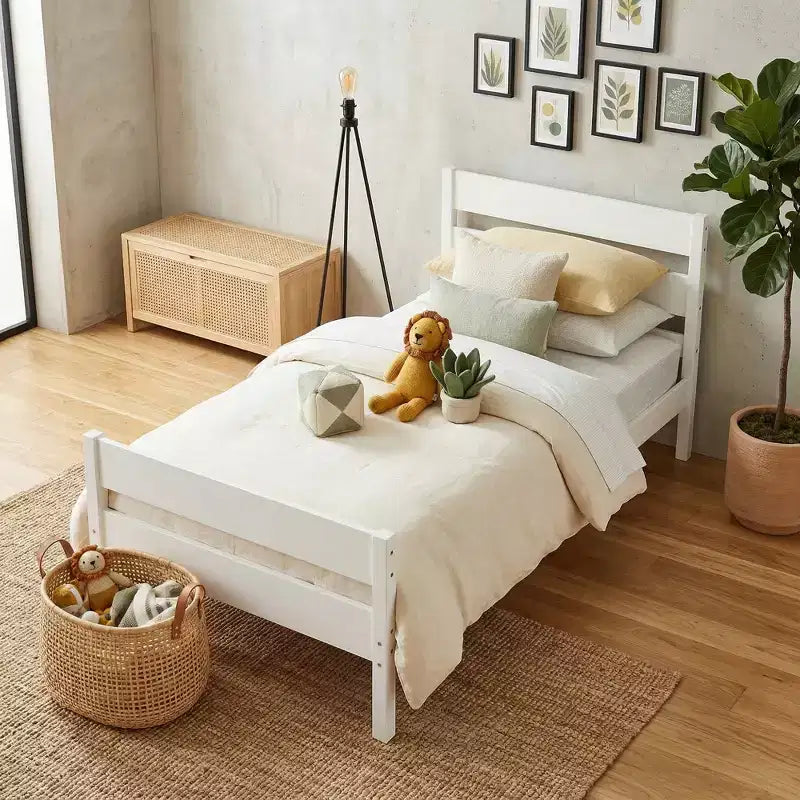 Lit plate-forme double avec tête de lit à lattes horizontales, lit en bois sans sommier pour chambre d'enfant