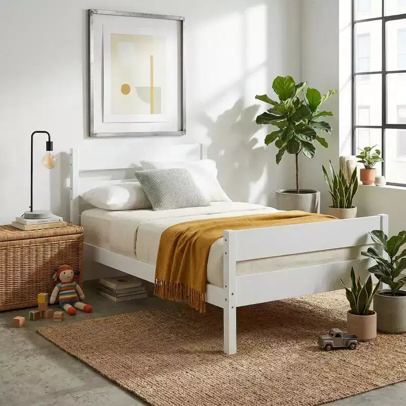 Lit plate-forme double avec tête de lit à lattes horizontales, lit en bois sans sommier pour chambre d'enfant