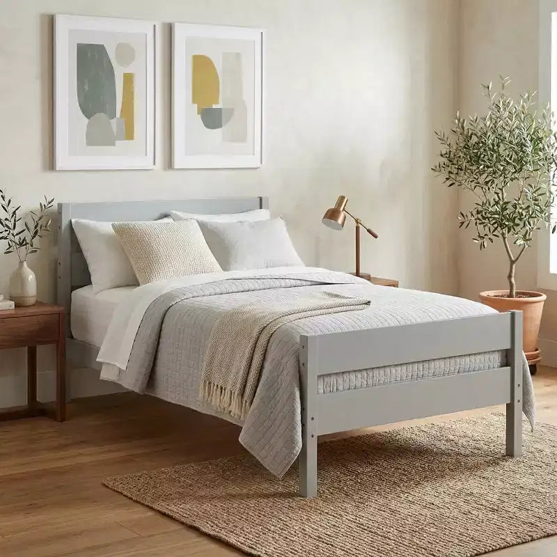 Lit plate-forme double avec tête de lit à lattes horizontales, lit en bois sans sommier pour chambre d'enfant