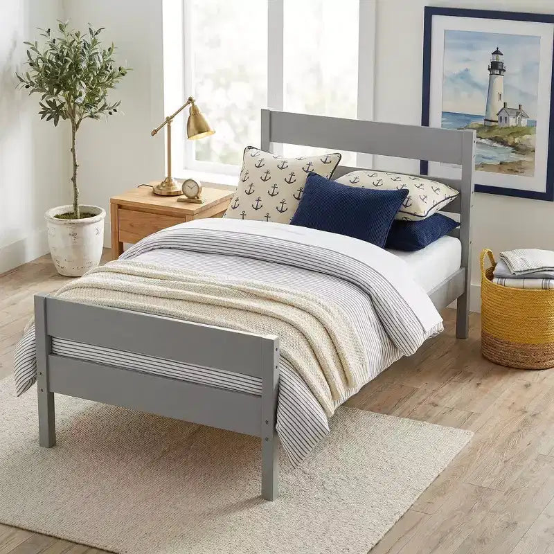 Lit plate-forme double avec tête de lit à lattes horizontales, lit en bois sans sommier pour chambre d'enfant