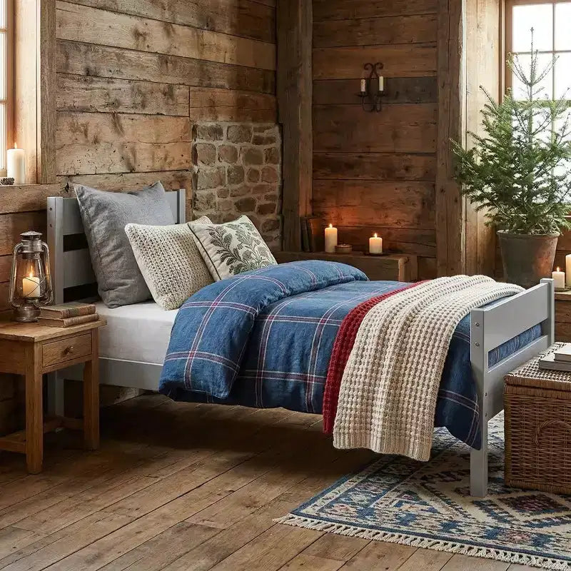 Lit plate-forme double avec tête de lit à lattes horizontales, lit en bois sans sommier pour chambre d'enfant