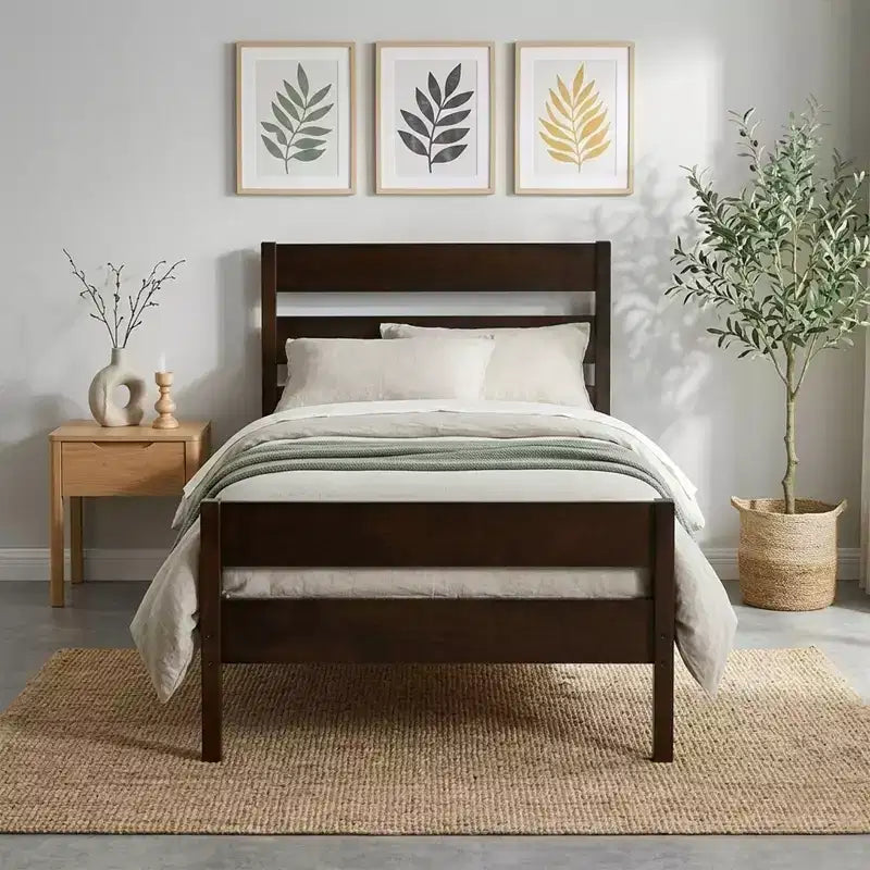 Lit plate-forme double avec tête de lit à lattes horizontales, lit en bois sans sommier pour chambre d'enfant