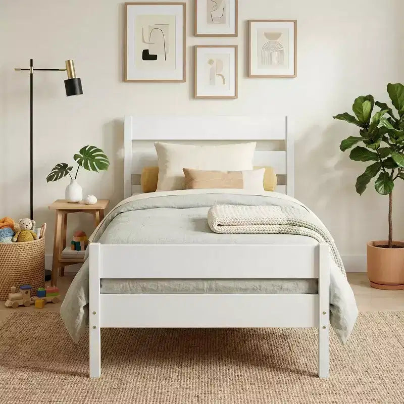 Lit plate-forme double avec tête de lit à lattes horizontales, lit en bois sans sommier pour chambre d'enfant