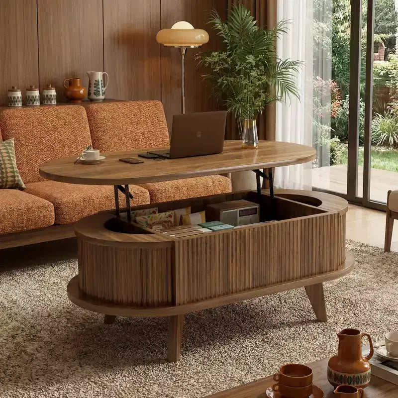 Table basse relevable cannelée avec compartiment caché, table centrale en bois, table relevable ovale moderne pour salon, bureau, noyer