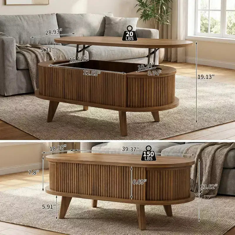 Table basse relevable cannelée avec compartiment caché, table centrale en bois, table relevable ovale moderne pour salon, bureau, noyer