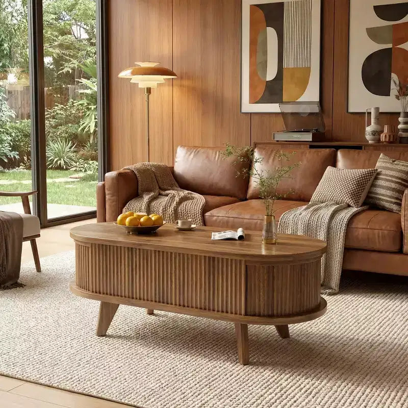 Table basse relevable cannelée avec compartiment caché, table centrale en bois, table relevable ovale moderne pour salon, bureau, noyer