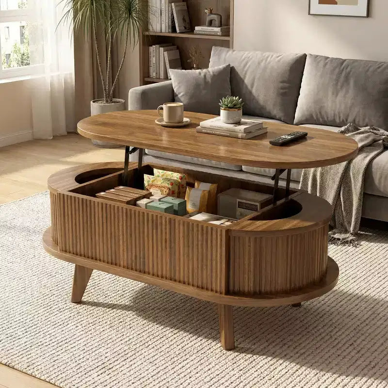 Table basse relevable cannelée avec compartiment caché, table centrale en bois, table relevable ovale moderne pour salon, bureau, noyer