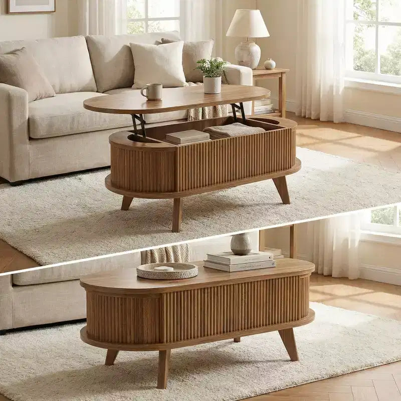 Table basse relevable cannelée avec compartiment caché, table centrale en bois, table relevable ovale moderne pour salon, bureau, noyer