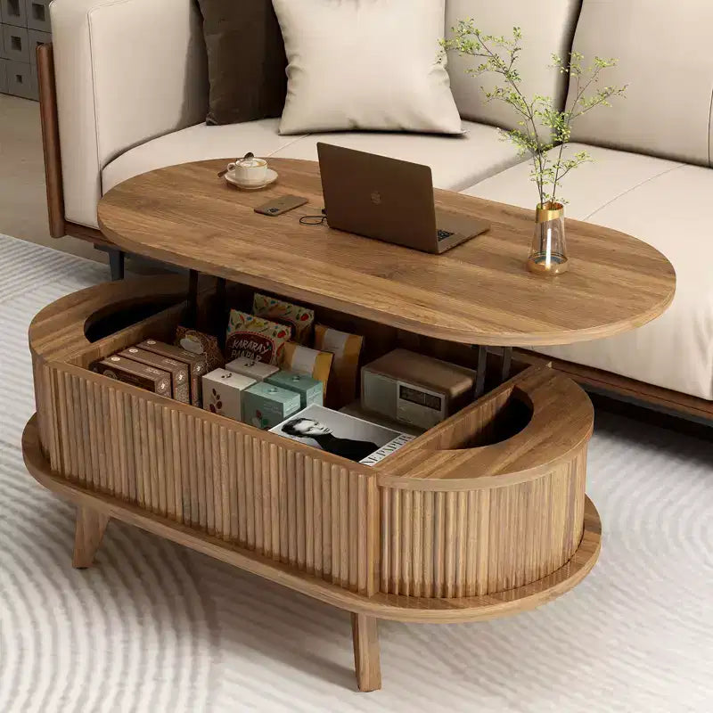 Table basse relevable cannelée avec compartiment caché, table centrale en bois, table relevable ovale moderne pour salon, bureau, noyer