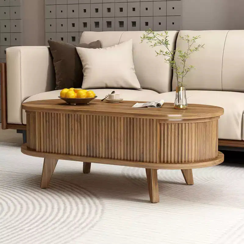 Table basse relevable cannelée avec compartiment caché, table centrale en bois, table relevable ovale moderne pour salon, bureau, noyer