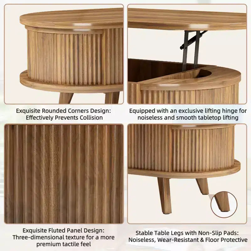 Table basse relevable cannelée avec compartiment caché, table centrale en bois, table relevable ovale moderne pour salon, bureau, noyer
