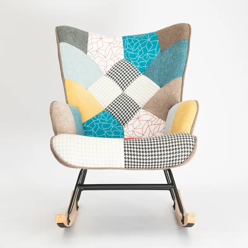 Mid Century Fabric Rocker Chair with Wood Legs and Patchwork Linen