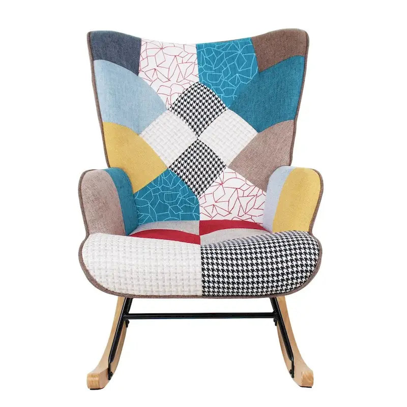 Mid Century Fabric Rocker Chair with Wood Legs and Patchwork Linen