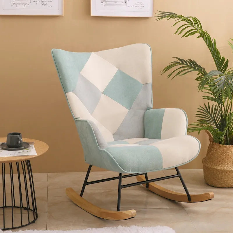 Mid Century Fabric Rocker Chair with Wood Legs and Patchwork Linen