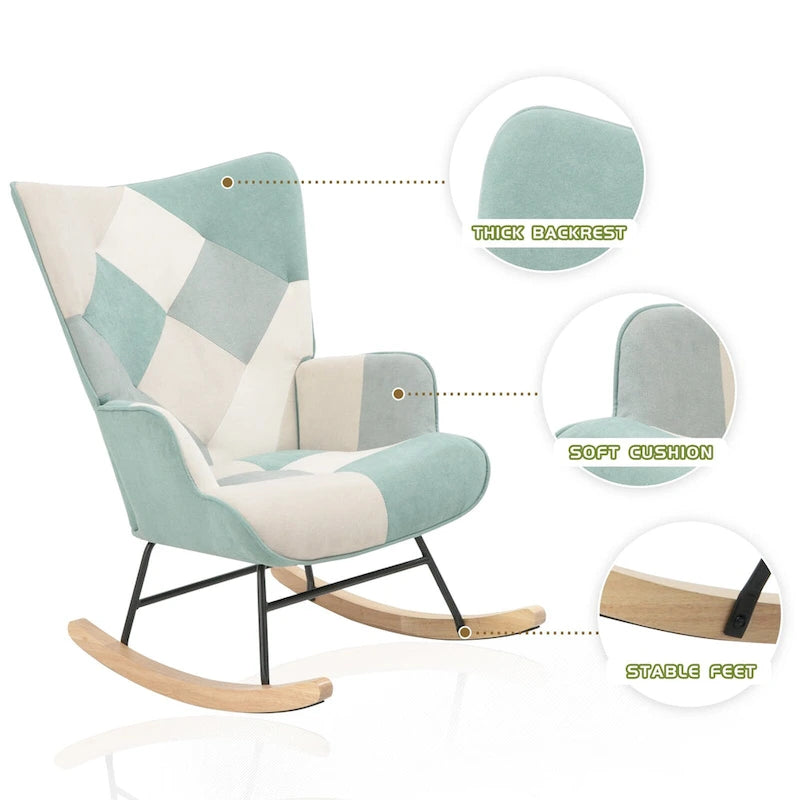 Mid Century Fabric Rocker Chair with Wood Legs and Patchwork Linen