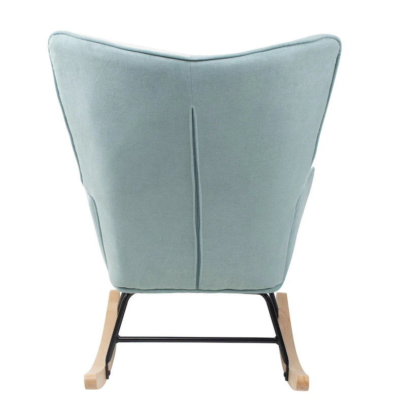 Mid Century Fabric Rocker Chair with Wood Legs and Patchwork Linen