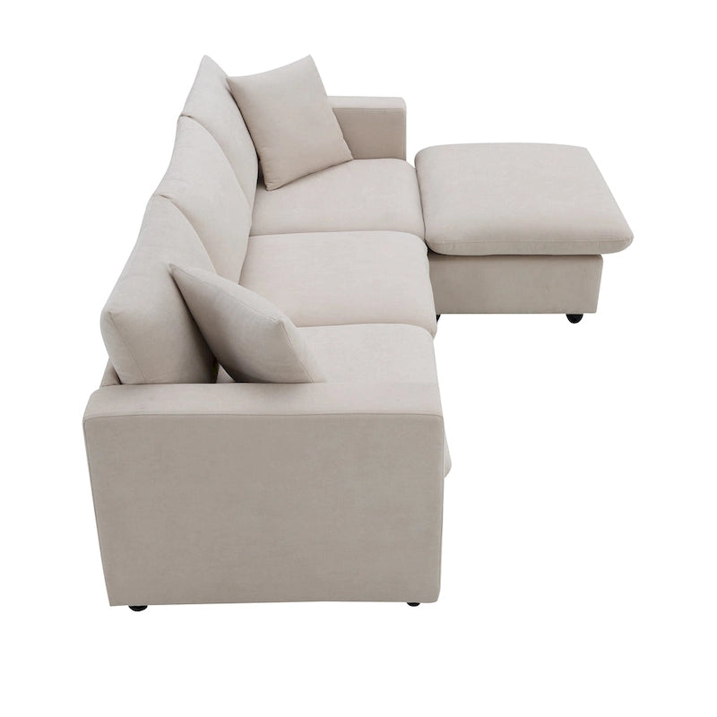 L-shaped Polyester Fabric Couch Set with 2 Free Pillows and Convertible Ottoman