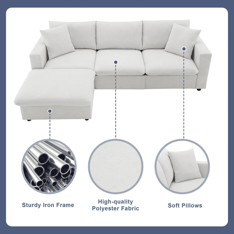 L-shaped Polyester Fabric Couch Set with 2 Free Pillows and Convertible Ottoman