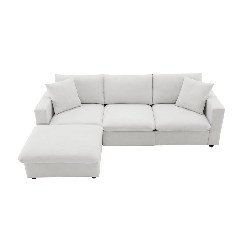 L-shaped Polyester Fabric Couch Set with 2 Free Pillows and Convertible Ottoman