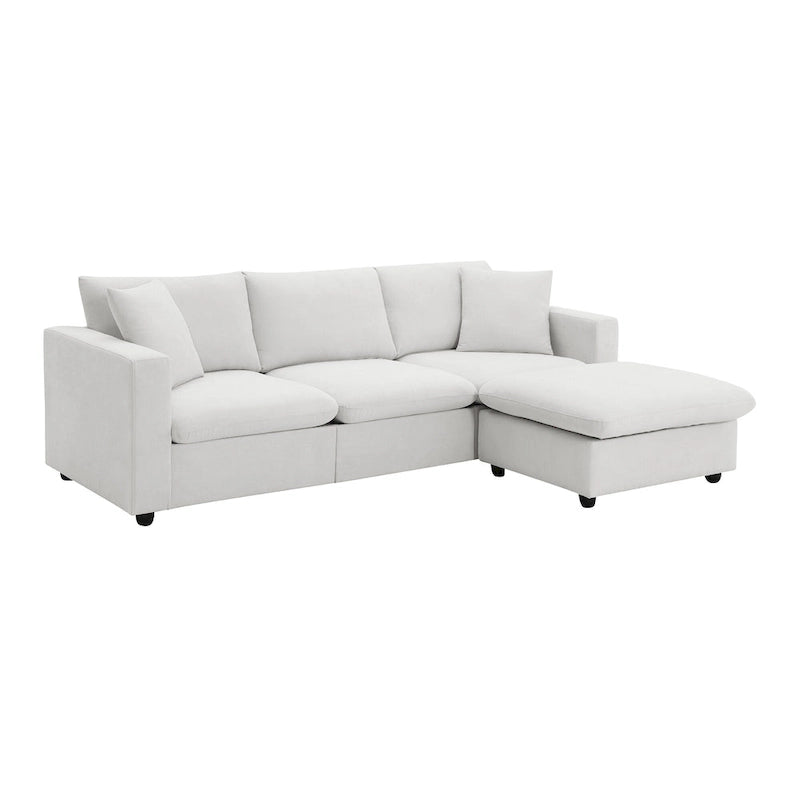 L-shaped Polyester Fabric Couch Set with 2 Free Pillows and Convertible Ottoman