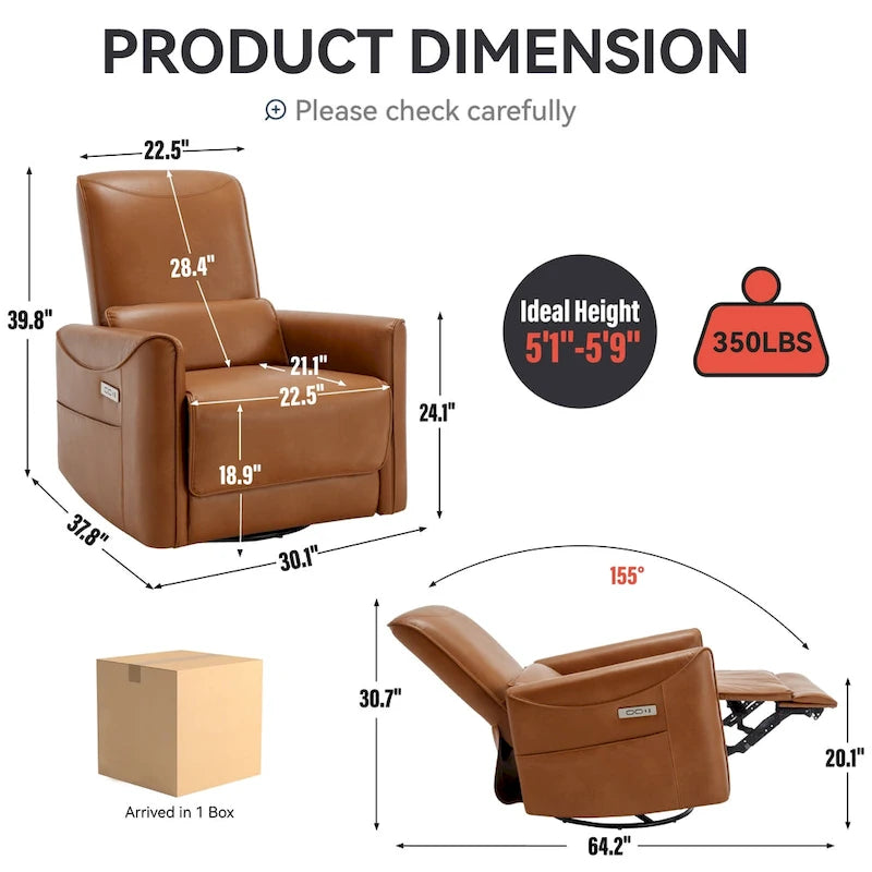 Leatheraire Swivel and Rocker Power Recliner Chair, Heavy Duty Motion Mechanism with USB and Type-C Ports