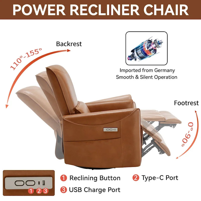 Leatheraire Swivel and Rocker Power Recliner Chair, Heavy Duty Motion Mechanism with USB and Type-C Ports