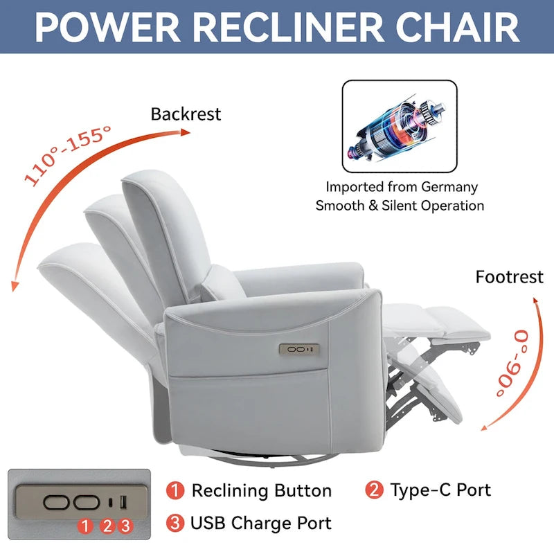 Leatheraire Swivel and Rocker Power Recliner Chair, Heavy Duty Motion Mechanism with USB and Type-C Ports