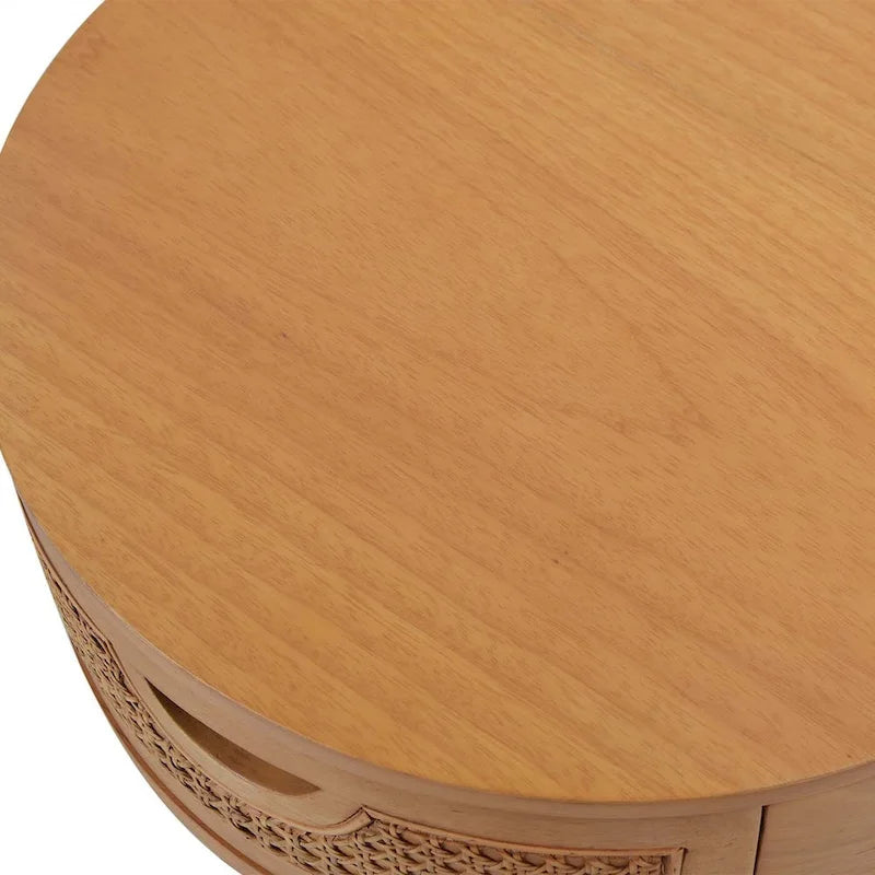 Cabana 18 Round Cane Rattan Storage Side Table, Natural Brown Oak Wood