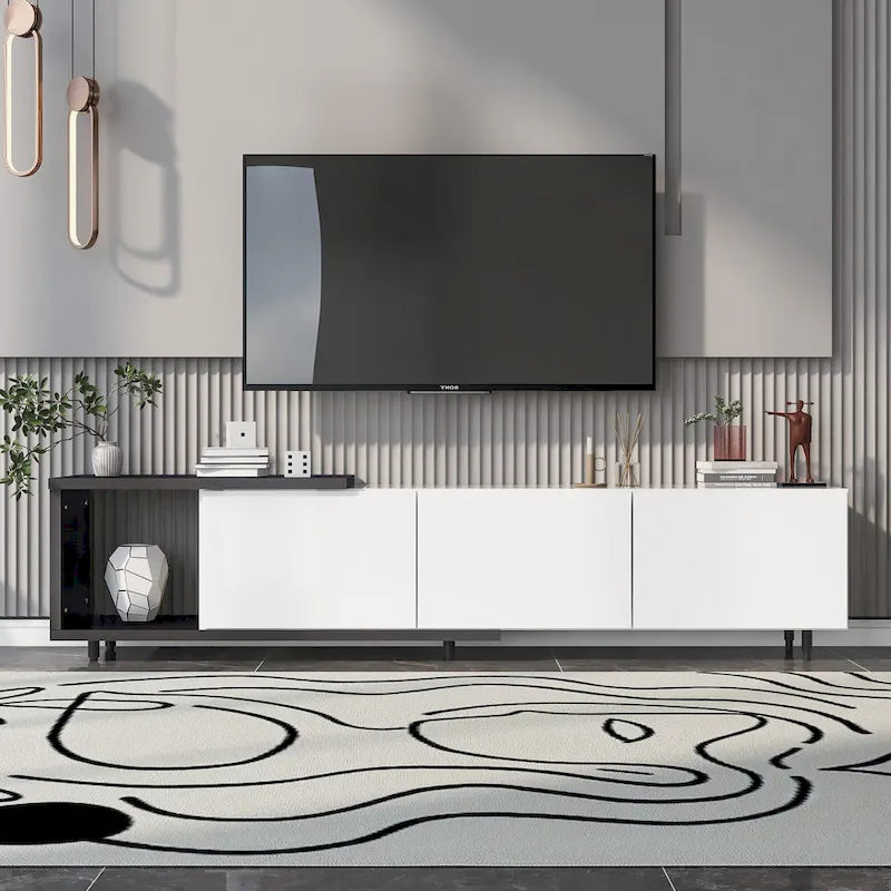White Modern Extendable TV Stand with 3 Drawers and Shelf for TVs Up to 80