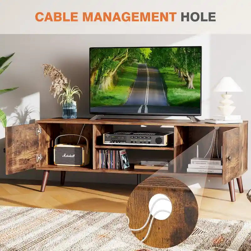 Can accommodate 60 TV, living room/bedroom TV media console, adjustable shelves, 2 storage cabinets, brown