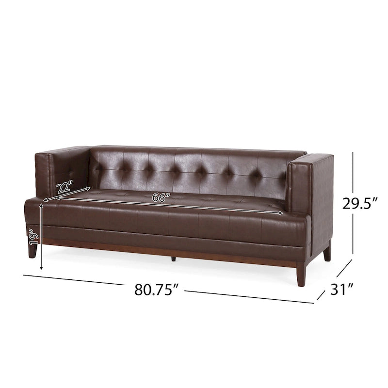 Dark Brown 80.75 Modern Button Tufted 3-Seater Sofa with Wood Legs