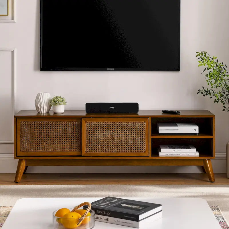 59 TV Stand with Open Shelves & Rattan Doors for 65 TVs