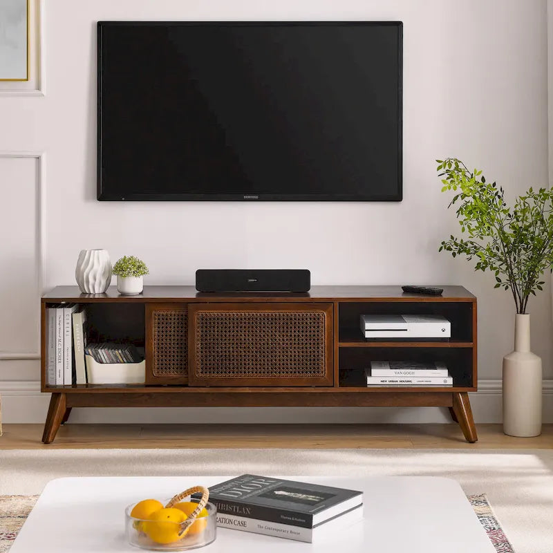 59 TV Stand with Open Shelves & Rattan Doors for 65 TVs
