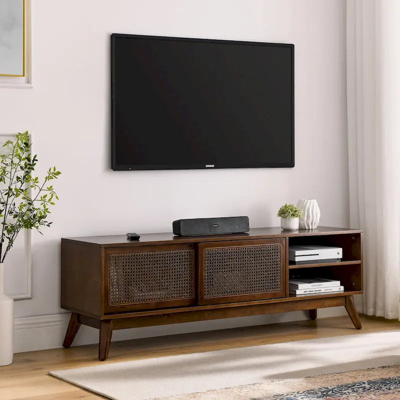 59 TV Stand with Open Shelves & Rattan Doors for 65 TVs