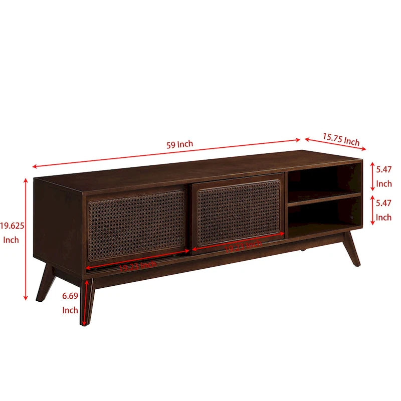 59 TV Stand with Open Shelves & Rattan Doors for 65 TVs