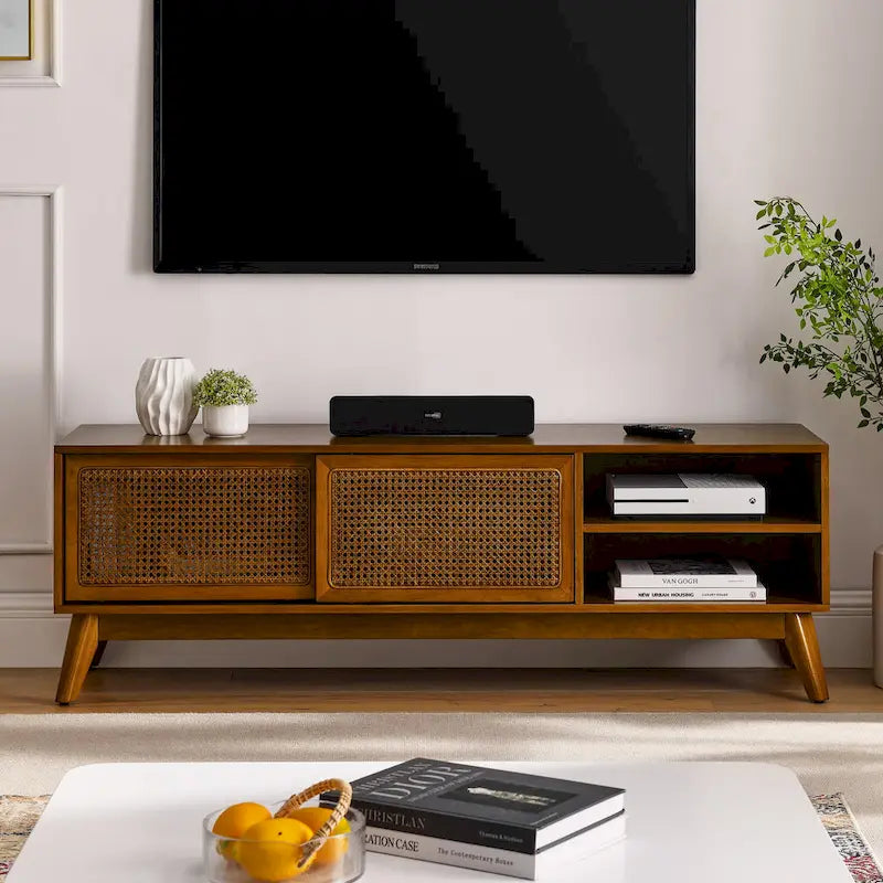 59 TV Stand with Open Shelves & Rattan Doors for 65 TVs