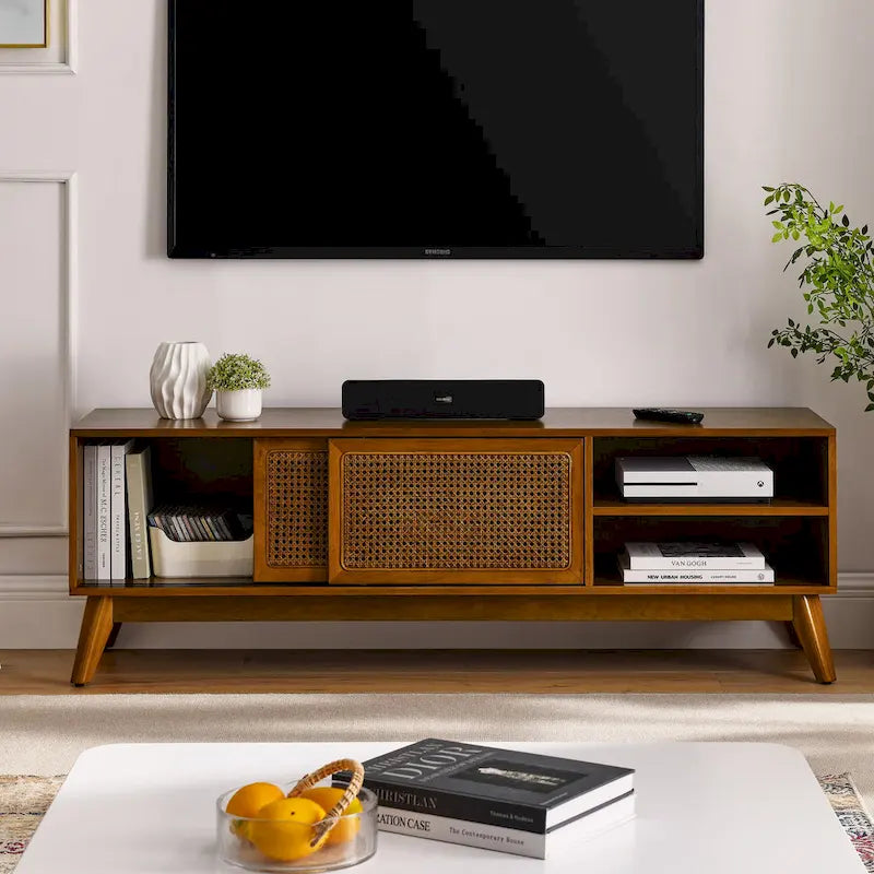 59 TV Stand with Open Shelves & Rattan Doors for 65 TVs
