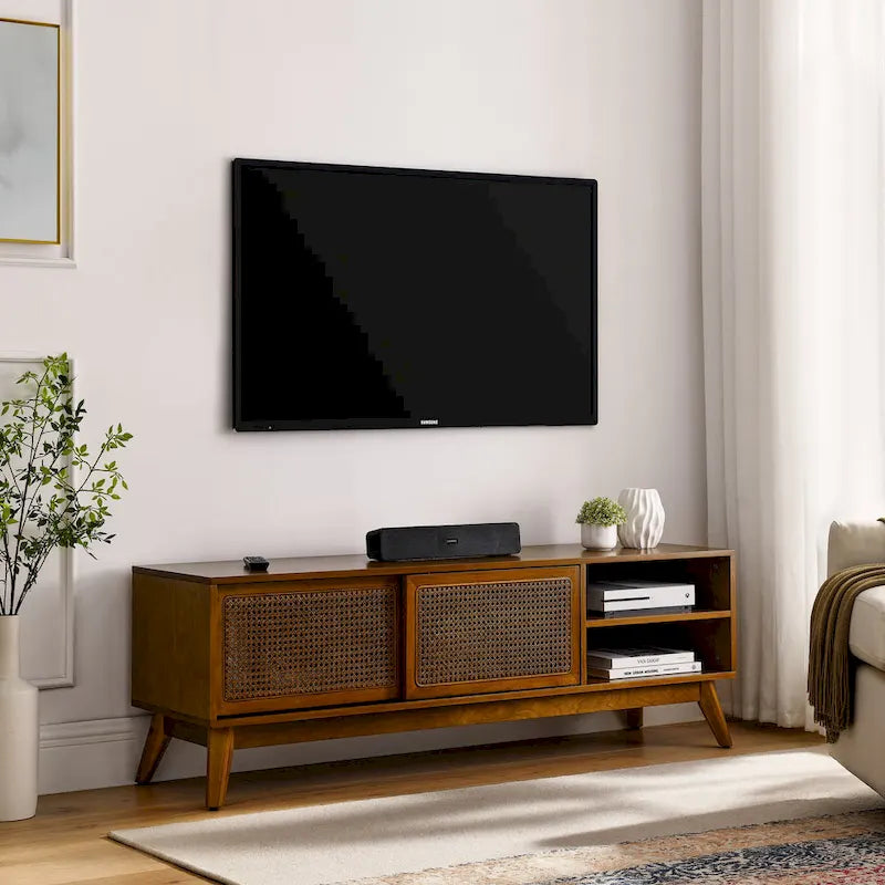59 TV Stand with Open Shelves & Rattan Doors for 65 TVs