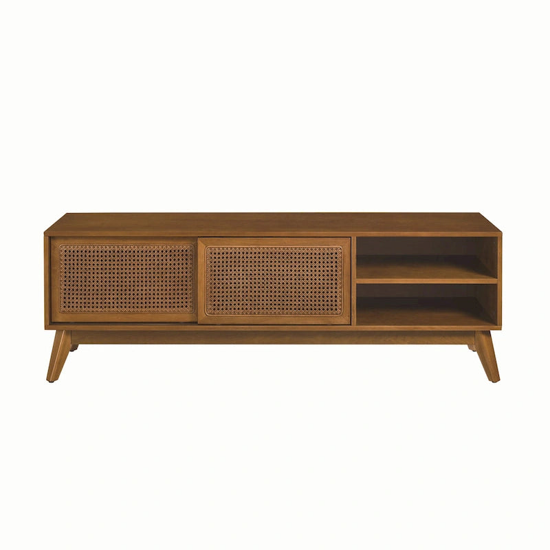 59 TV Stand with Open Shelves & Rattan Doors for 65 TVs
