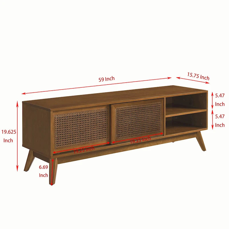 59 TV Stand with Open Shelves & Rattan Doors for 65 TVs