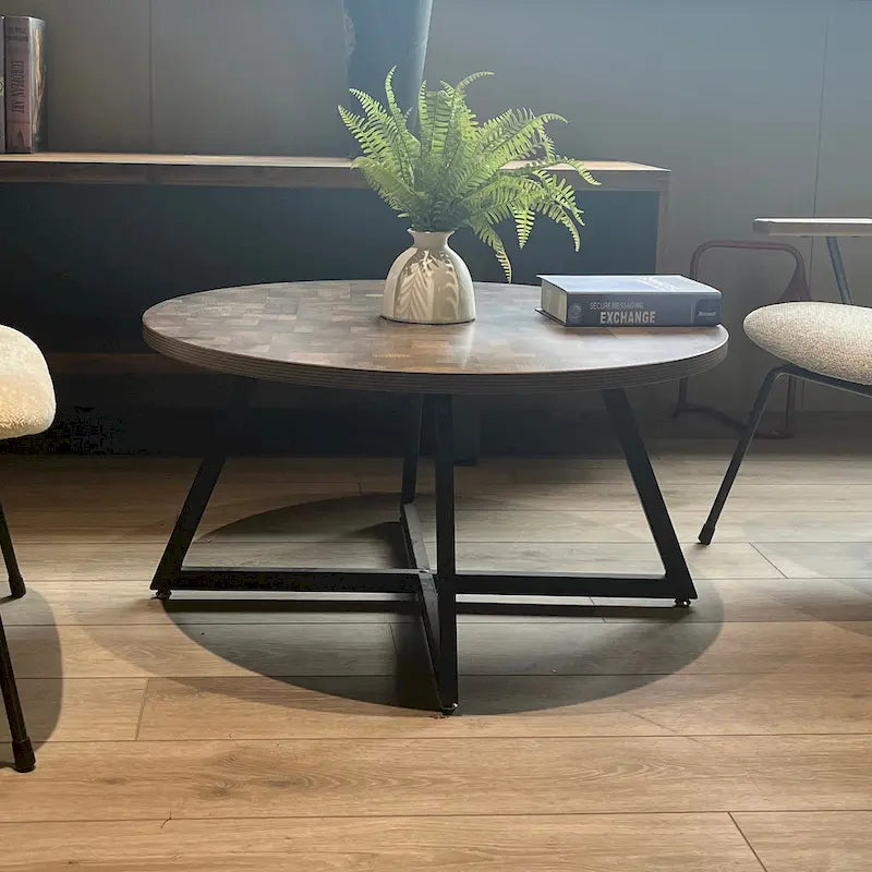Round Coffee Table Wood Grain and Black Metal