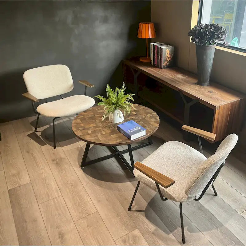 Round Coffee Table Wood Grain and Black Metal