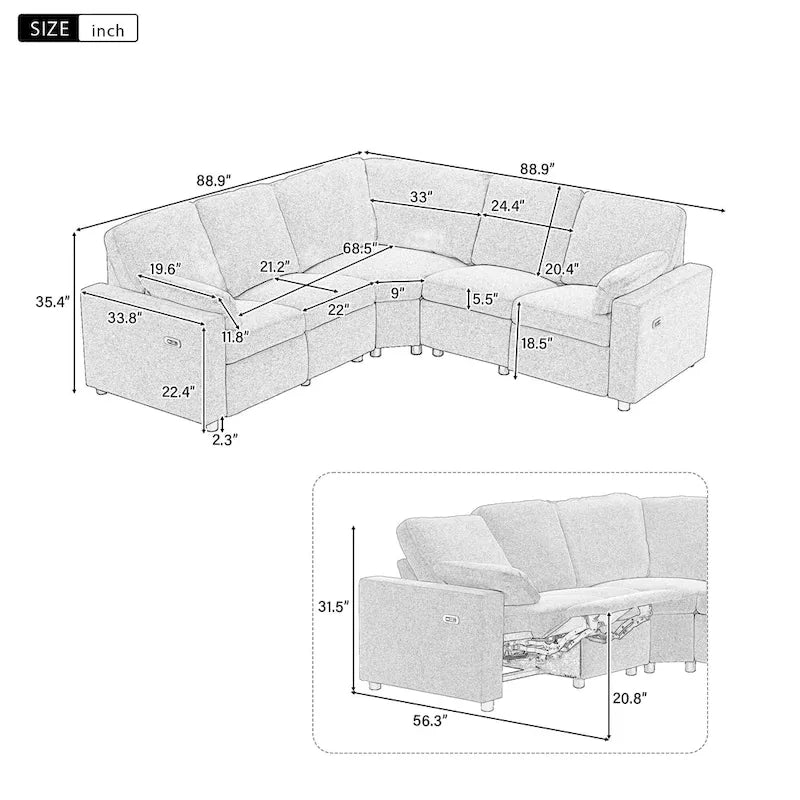 89 Power Recliner Sectional Sofa Home Theater Reclining Sofa with Two USB Ports, Two Storage Drawers for Living Room, Beige