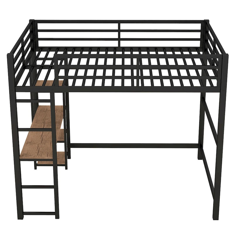 Full Size Metal Loft Bed with Built-in Desk and Storage Shelves