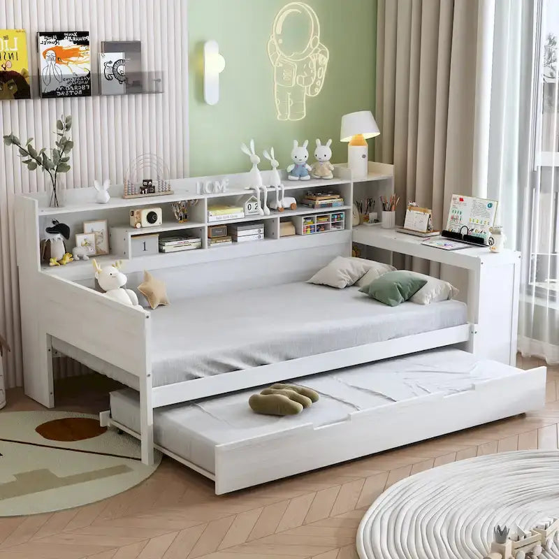 Twin Daybed with Shelves, Trundle & Desk