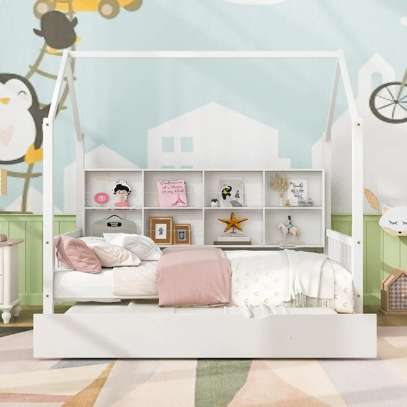Wood Kids Bed Frame Storage Headboards Bed House Bed with Pull-out Trundle Bed, Wood Slat Support Platform Bed