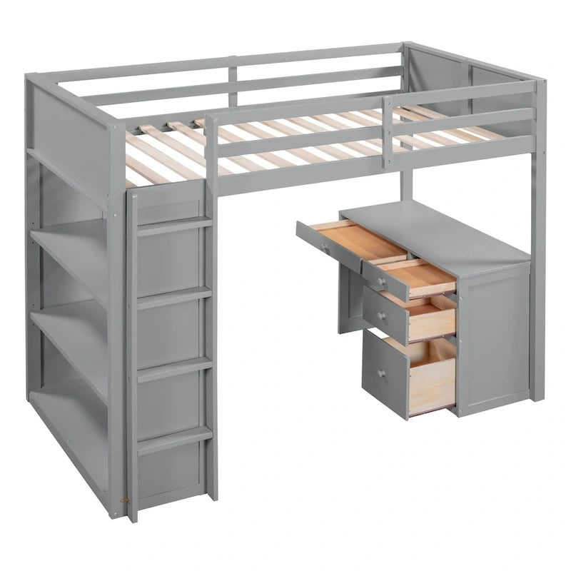 Twin Size Loft Bed with Ladder, Shelves, and Desk